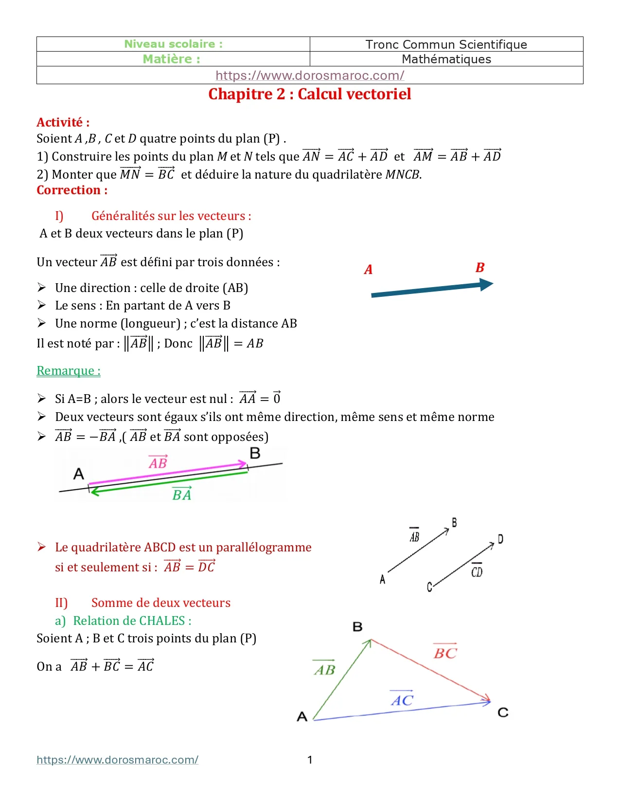 Cours de mathématiques – Les vecteurs dans le plan – Tronc Commun Sciences
