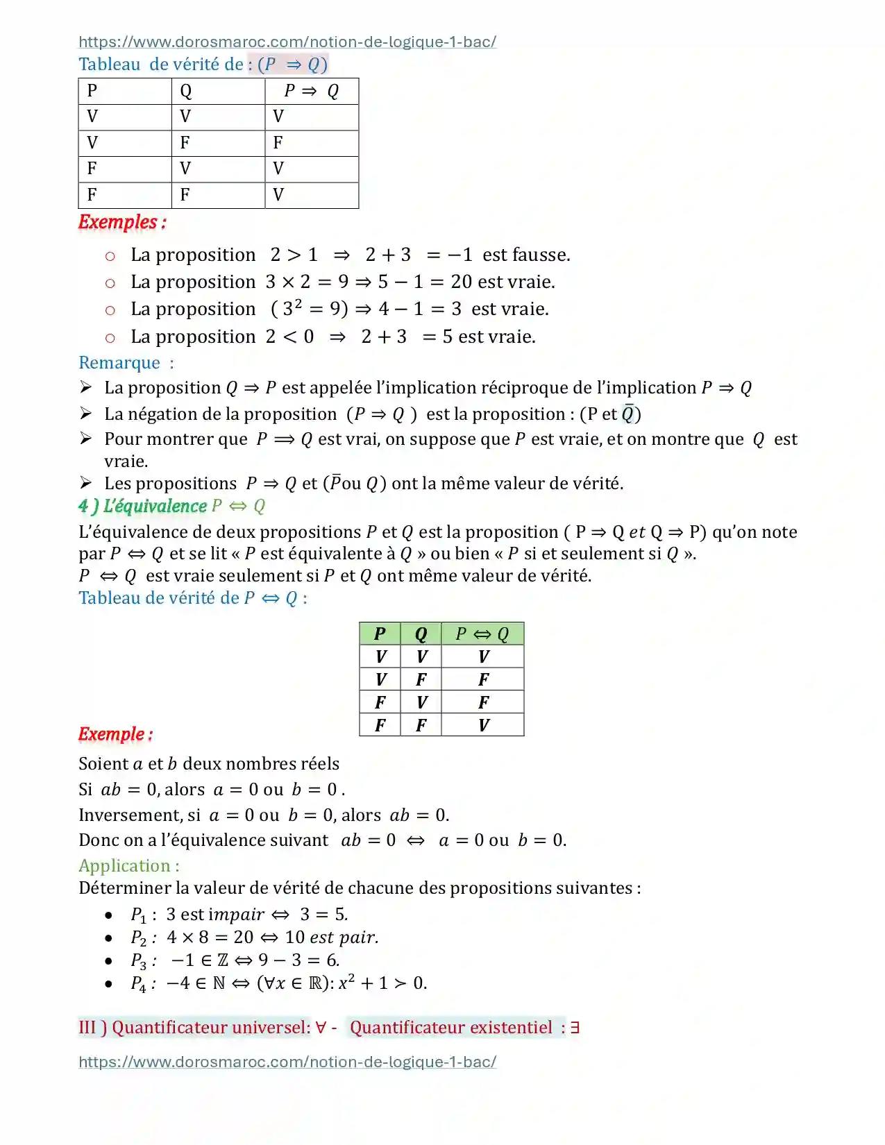 Chapitre 1 : Notion de logique – Cours de Mathématiques, 1ère Bac Sciences, Option Française