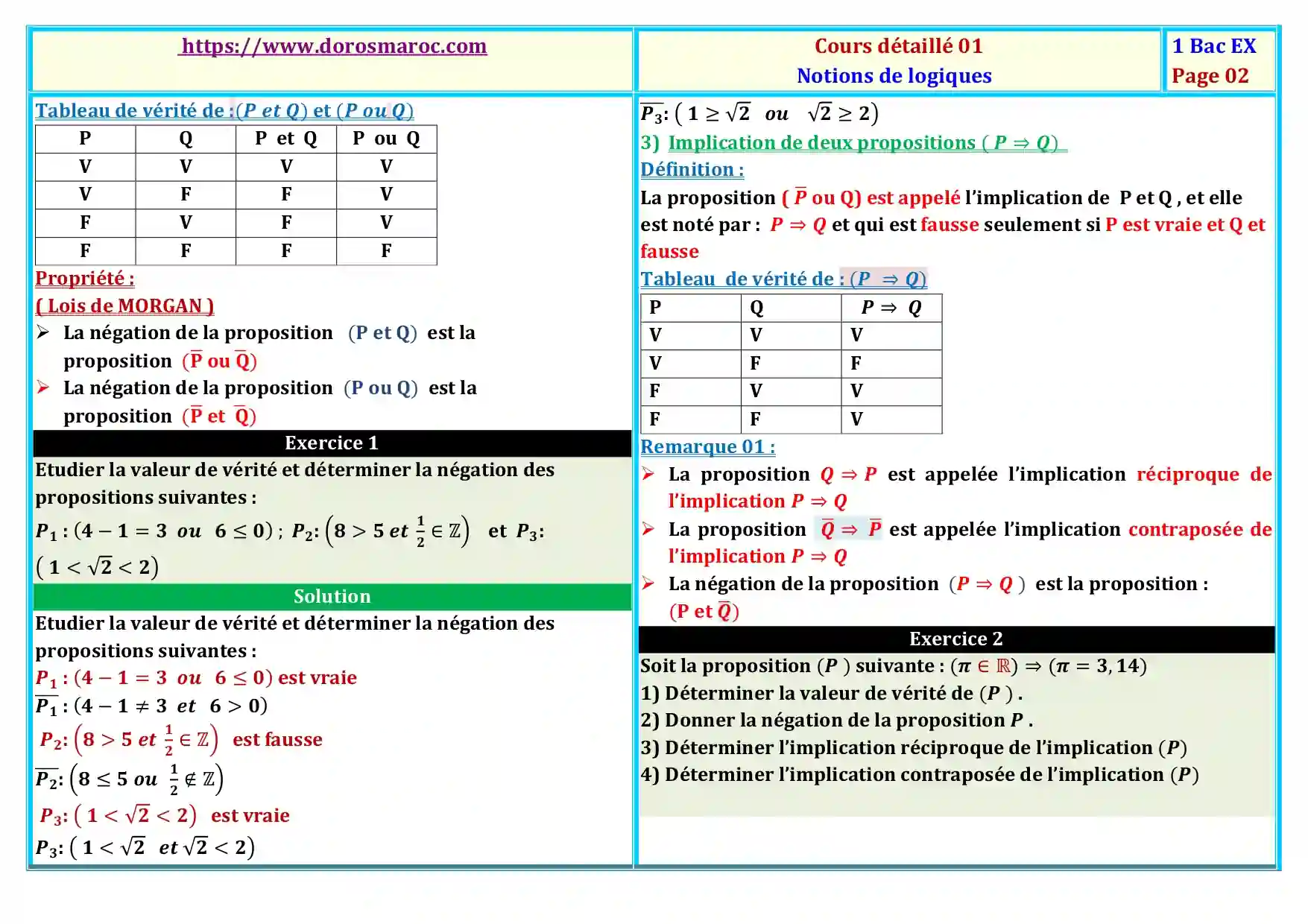 Chapitre 1 : Notion de logique – Cours de Mathématiques, 1ère Bac Sciences, Option Française