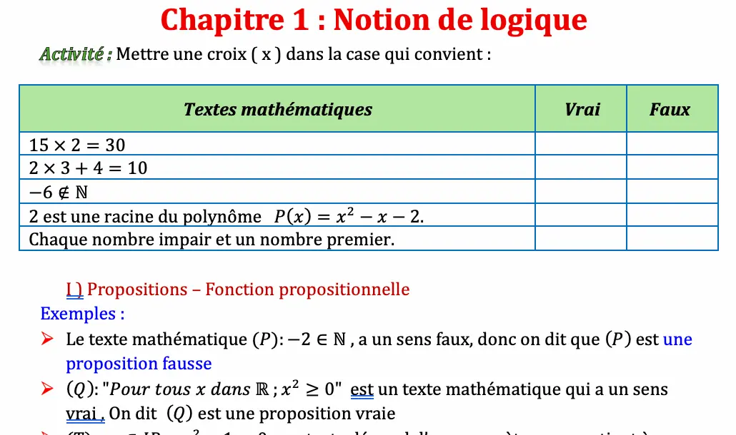 Notion de logique – 1BAC Notion de logique – Cours de Mathématiques, 1ère Bac Sciences, Option Française