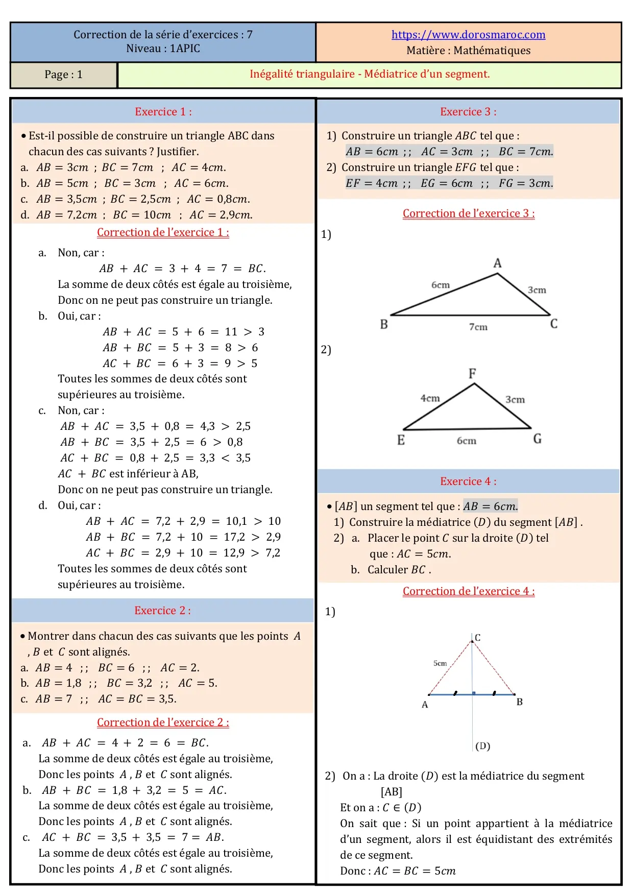 Série d’exercices corrigés sur l’inégalité triangulaire et la médiatrice d’un segment – 1APIC