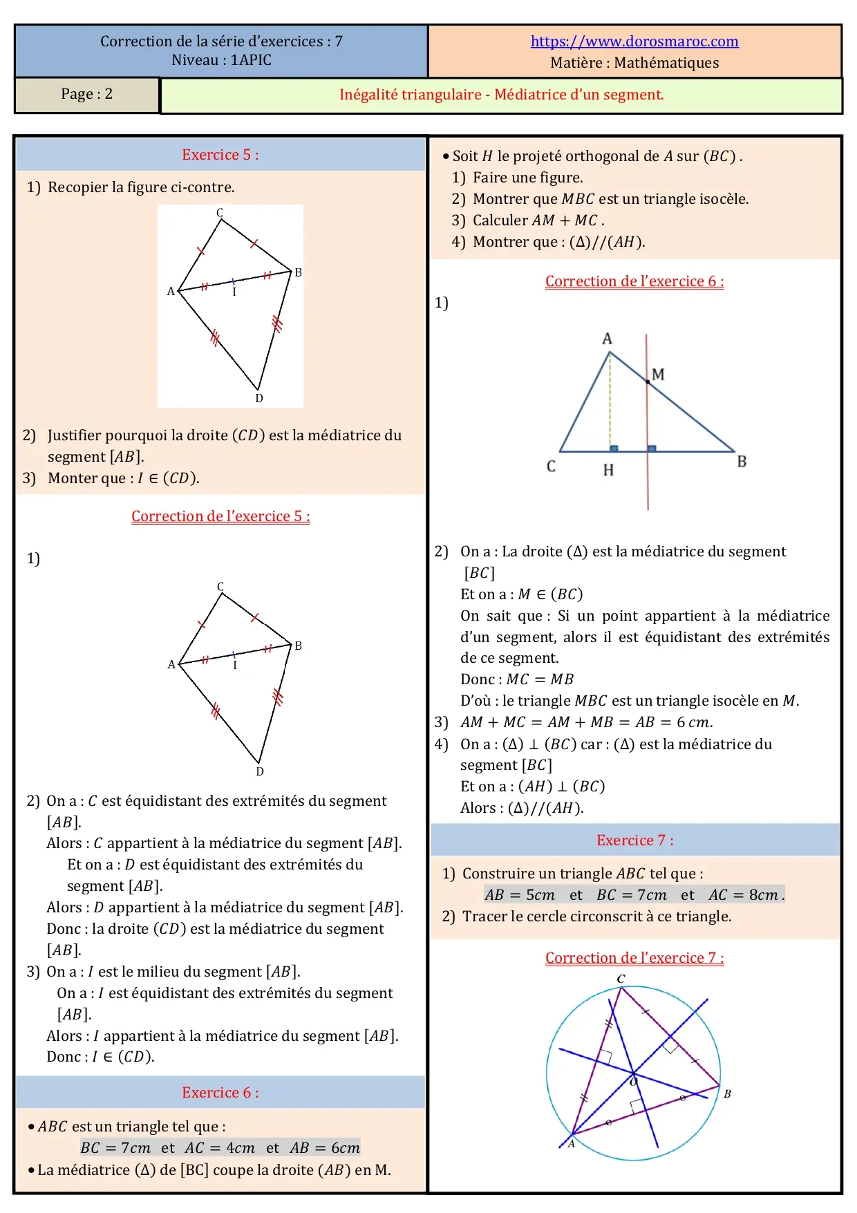 Série d’exercices corrigés sur l’inégalité triangulaire et la médiatrice d’un segment – 1APIC