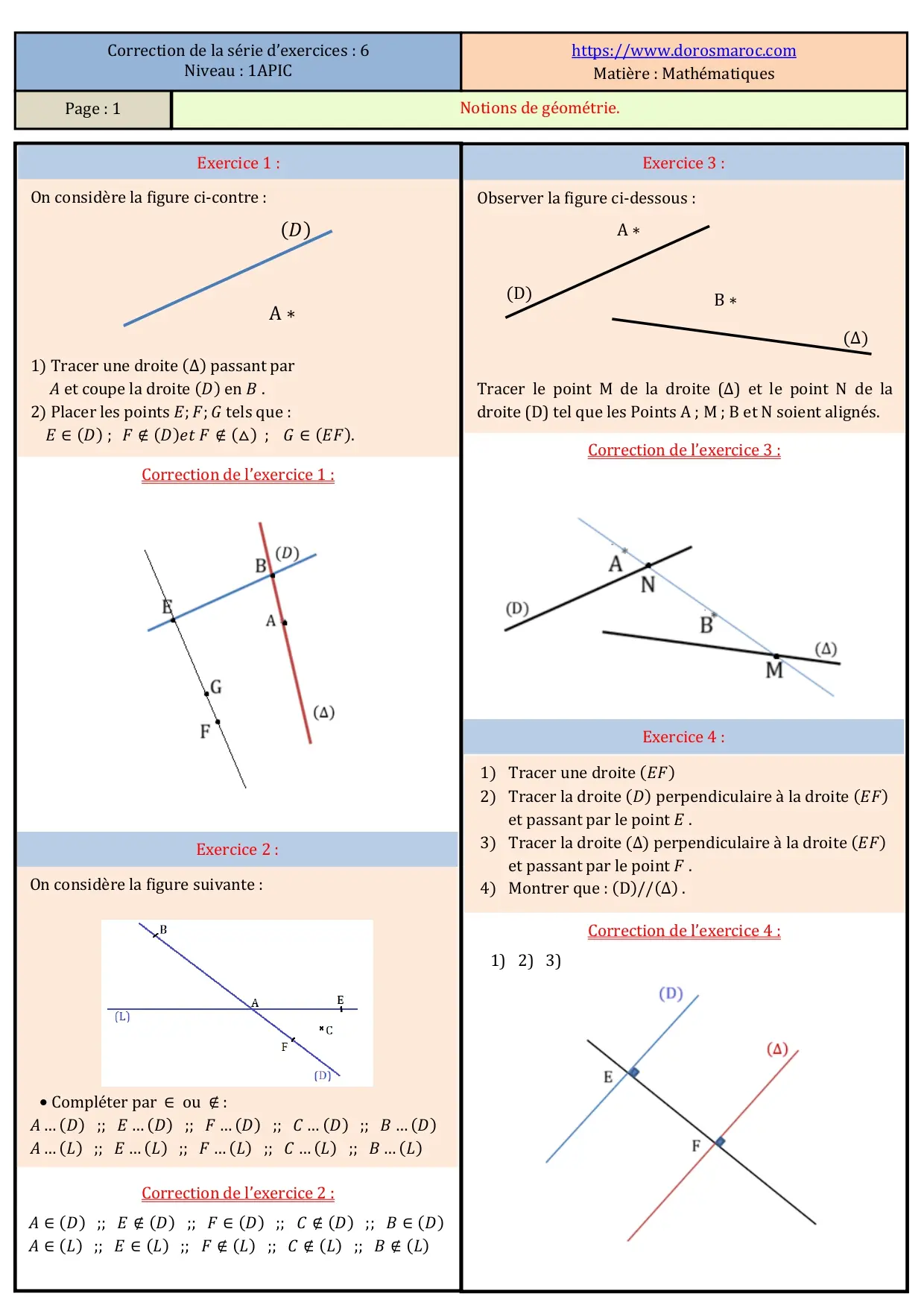 série des exercices-Notions de géométrie-avec correction –mathématiques 1APIC en français.
