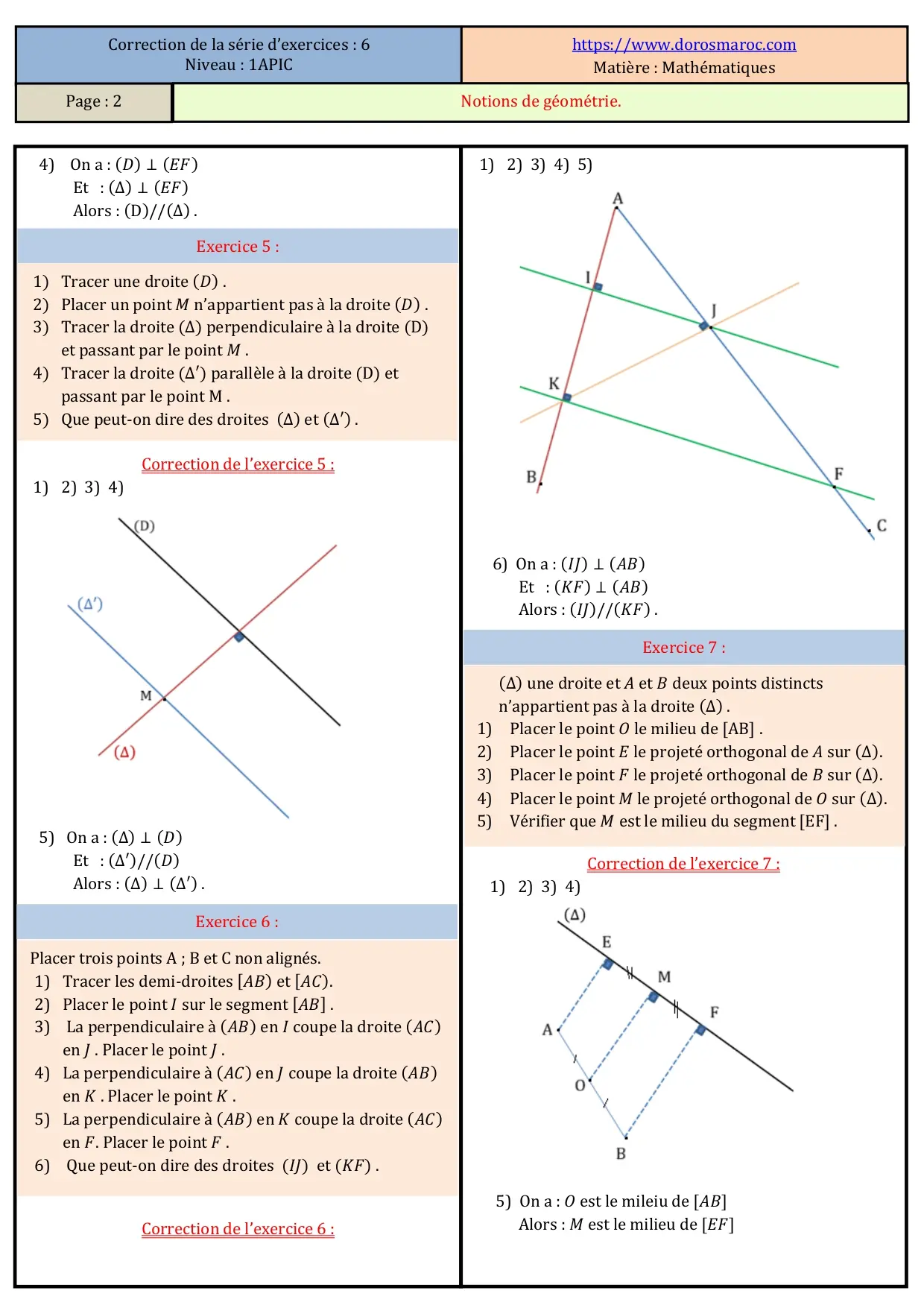 série des exercices-Notions de géométrie-avec correction –mathématiques 1APIC en français.