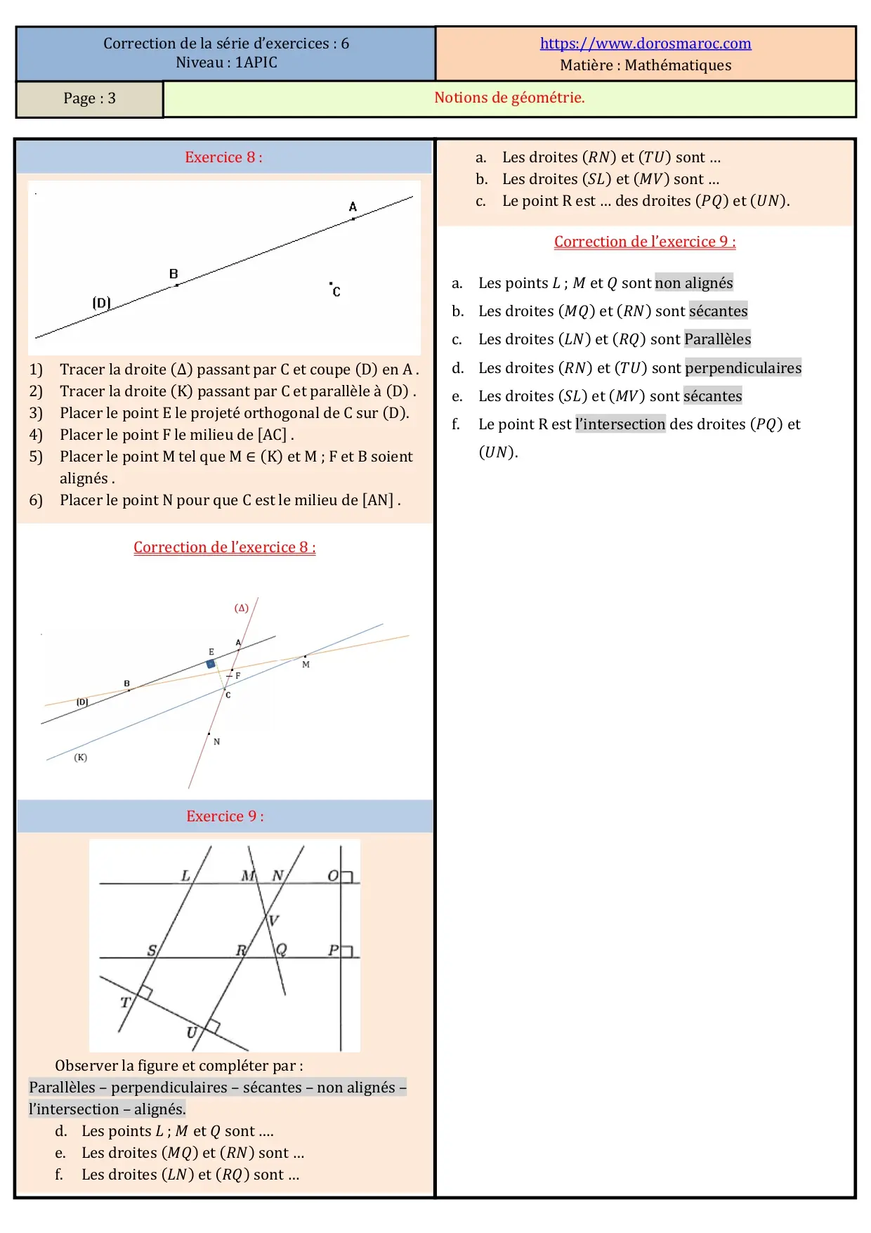 série des exercices-Notions de géométrie-avec correction –mathématiques 1APIC en français.