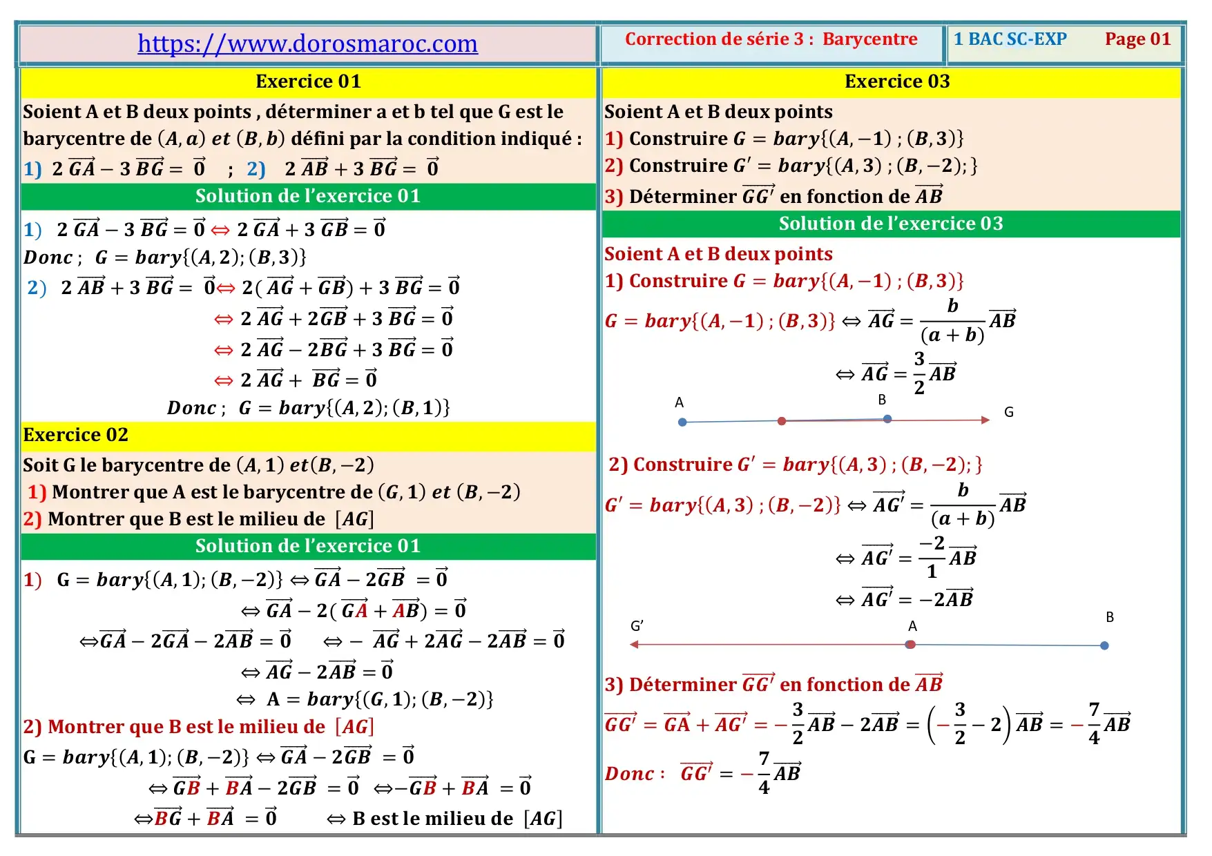 Série d’exercices corrigés sur le barycentre – Mathématiques 1BAC BIOF