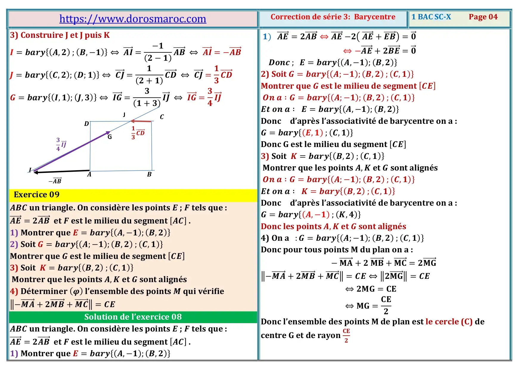 Série d’exercices corrigés sur le barycentre – Mathématiques 1BAC BIOF
