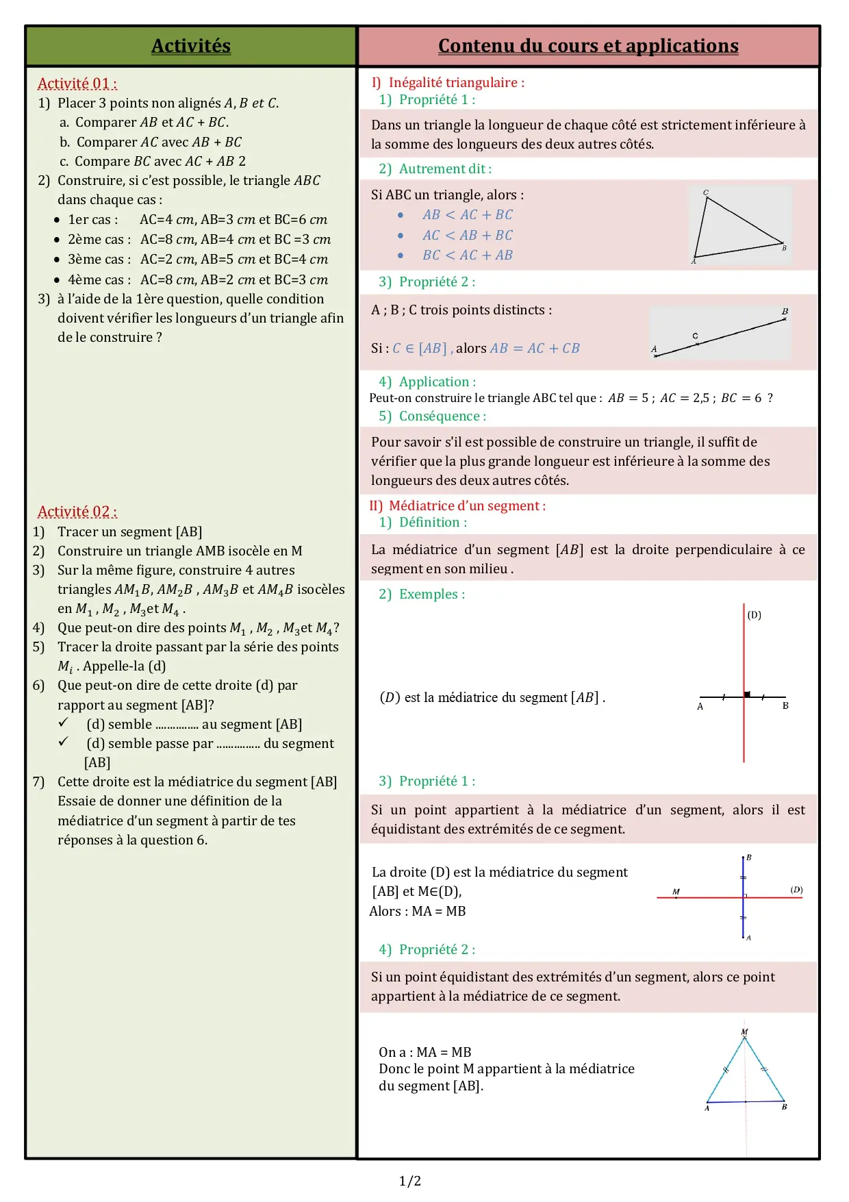 Inégalité triangulaire Médiatrice d’un segment-1APIC Inégalité triangulaire et construction des médiatrices d’un triangle – Mathématiques 1APIC