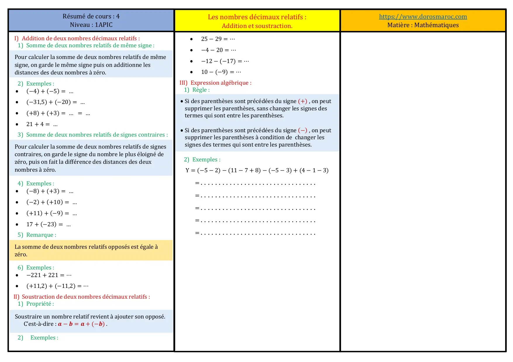 Les nombres décimaux relatifs : Addition et soustraction-Résumé – 1APIC Résumé sur la somme et la différence des nombres relatifs – Mathématiques 1APIC en français.