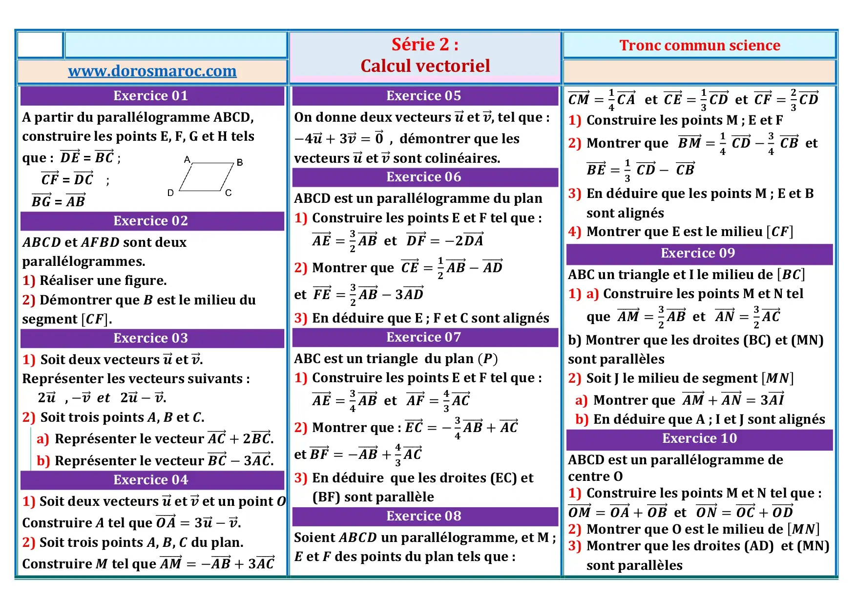Série d’exercices corrigés : Calcul vectoriel – TCS série d’exercices corrigés sur les vecteurs dans le plan – TCS