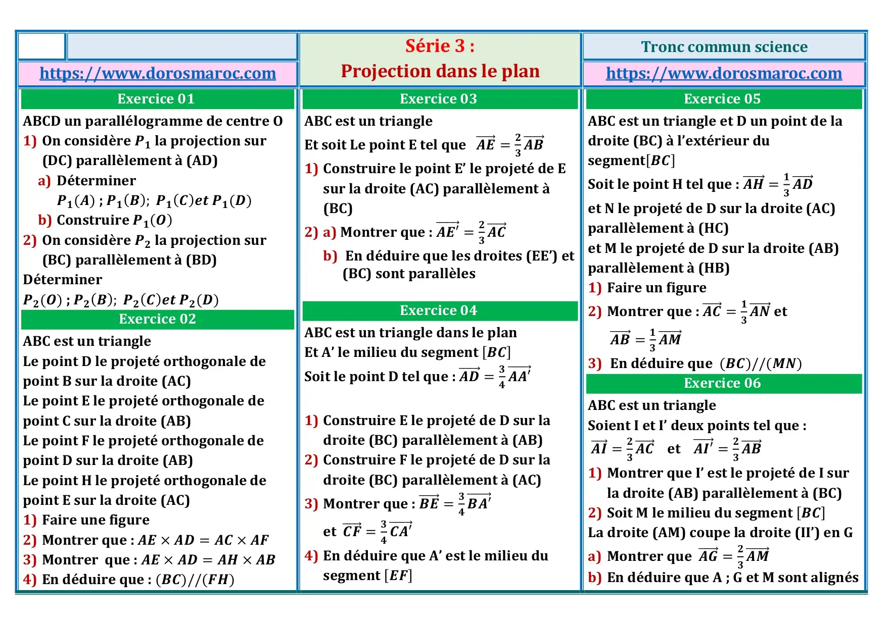 Série corrigée : Projection dans le plan-TCS Série d’exercices corrigés sur la projection dans le plan – Tronc Commun Sciences