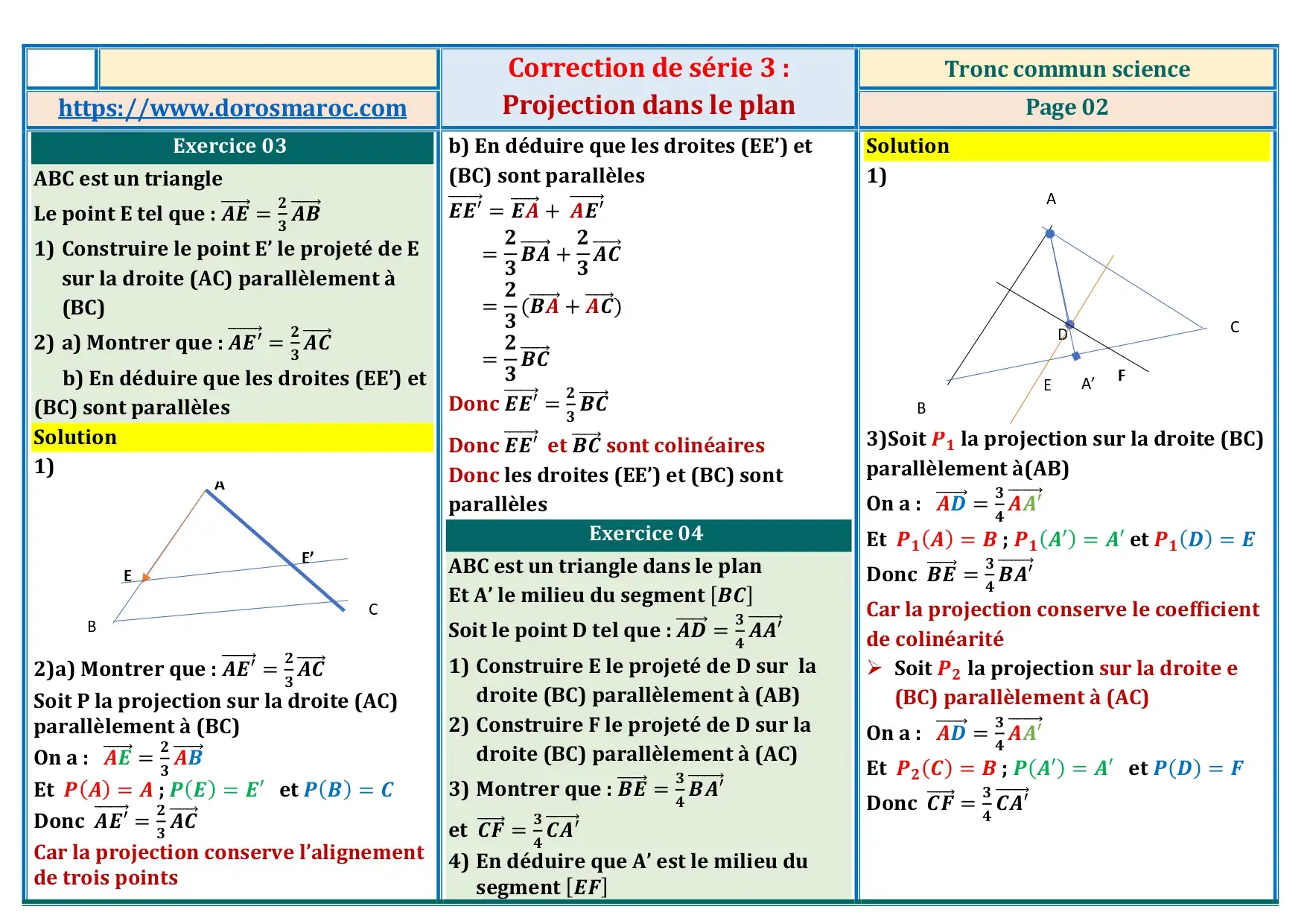 Série d’exercices corrigés sur la projection dans le plan – Tronc Commun Sciences