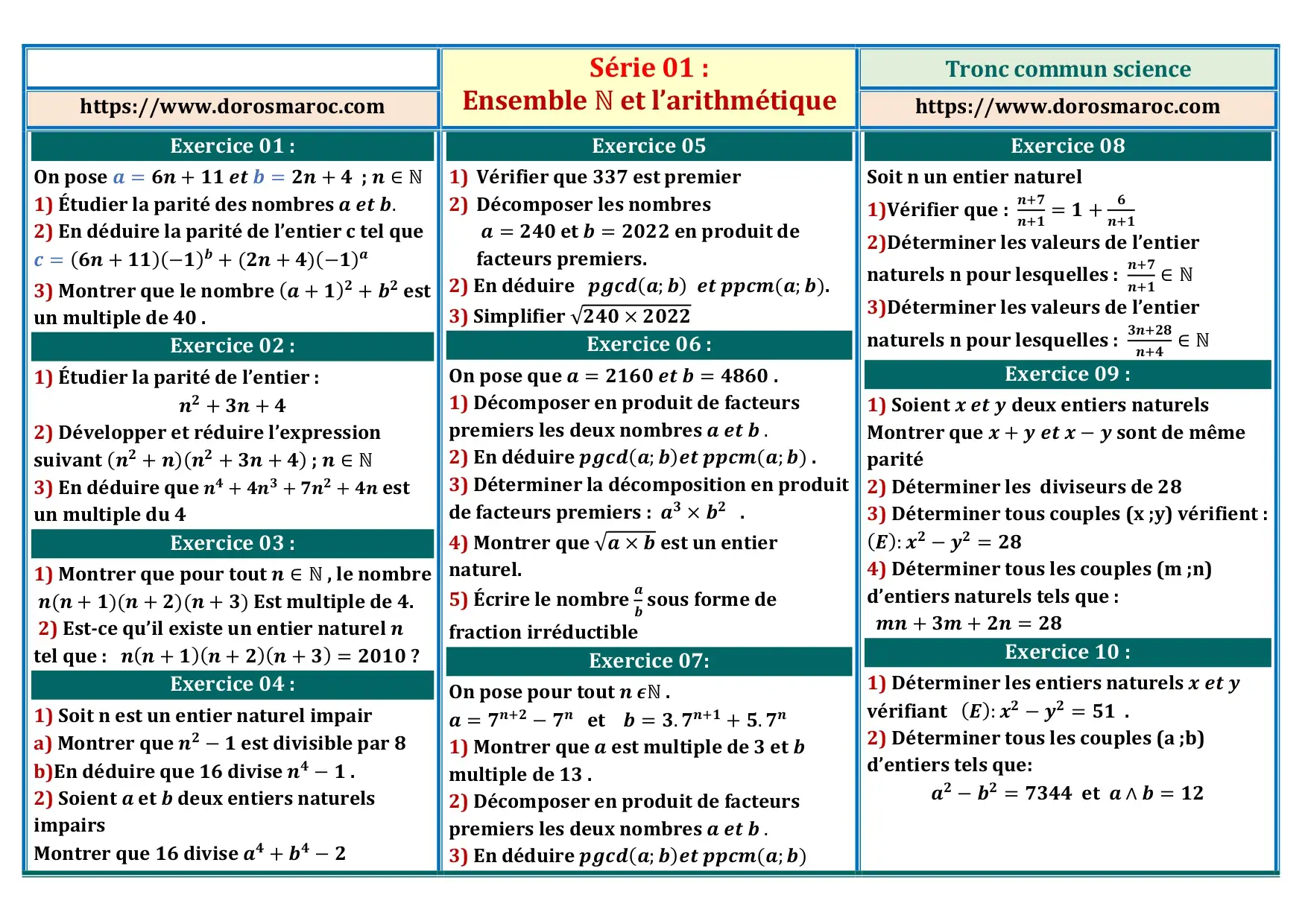 Série d’exercices corrigés : Ensemble ℕ et notions d’arithmétique – TCS Série d’exercices corrigés sur l’ensemble ℕ et les notions d’arithmétique – TCS