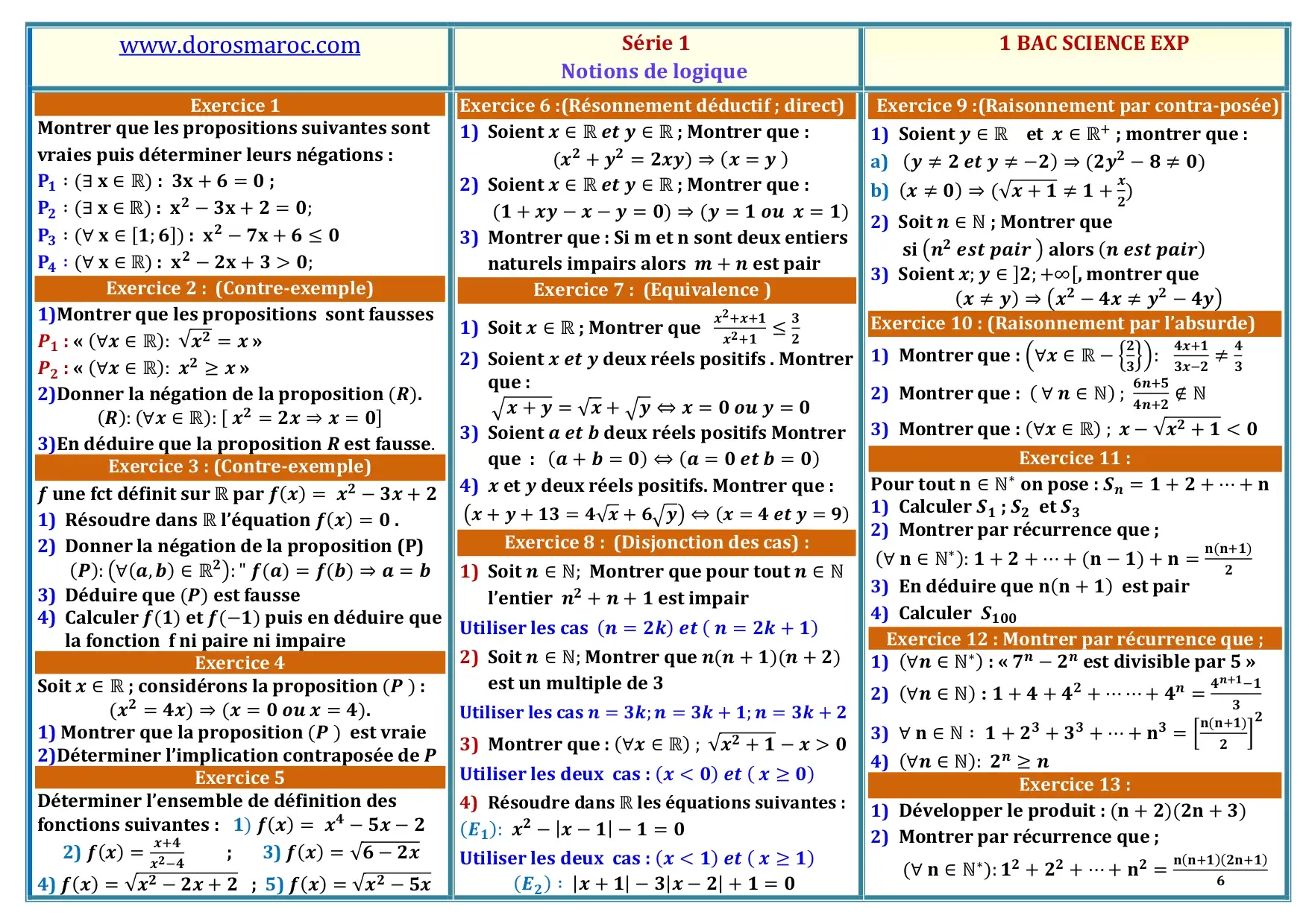 Série d’exercices corrigés – Notions de logique – BIOF – 1BAC Série d’exercices corrigés sur les notions de logique – 1BAC BIOF
