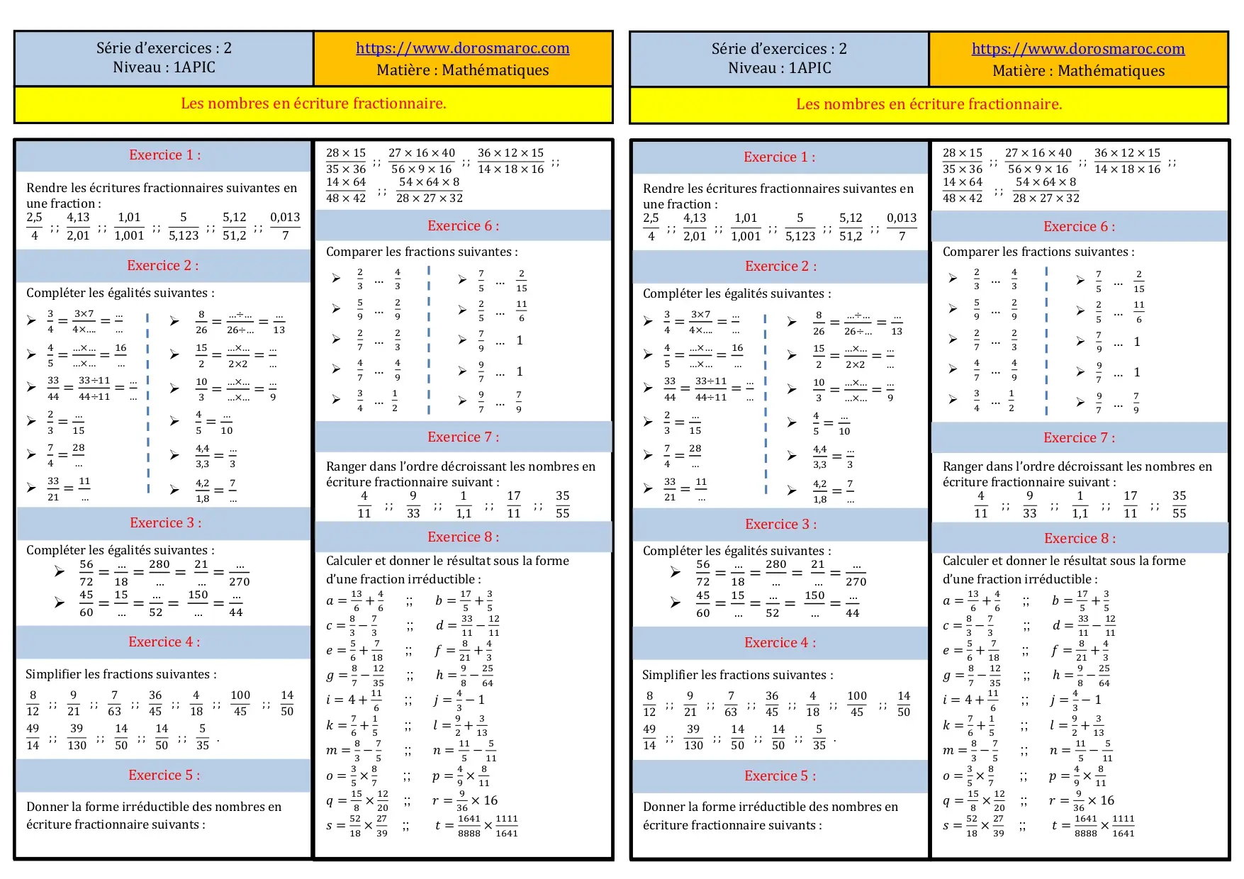 Série d’exercices avec correction-Les nombres en écriture fractionnaire-1APIC série d'exercices 2 avec correction -Les nombres en écriture fractionnaire-1APIC