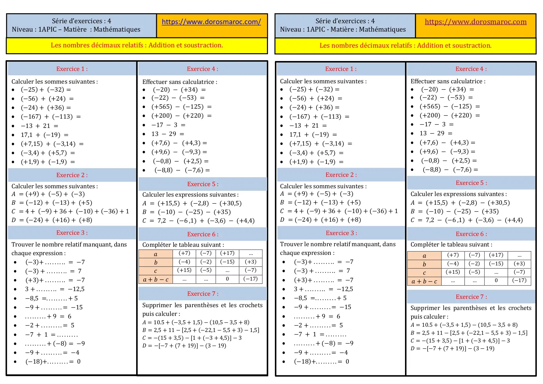 Série d’exercices corrigés sur les nombres décimaux relatifs : Addition et soustraction – 1APIC Série d’exercices corrigés sur l’addition et la soustraction des nombres relatifs – Mathématiques 1APIC