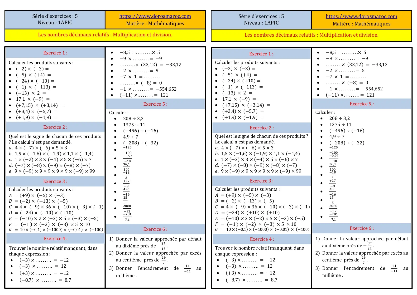 Série d’exercices corrigés sur les nombres décimaux relatifs : multiplication et division – 1APIC série des exercices corrigés de multiplication et division des nombres décimaux relatifs – 1APIC