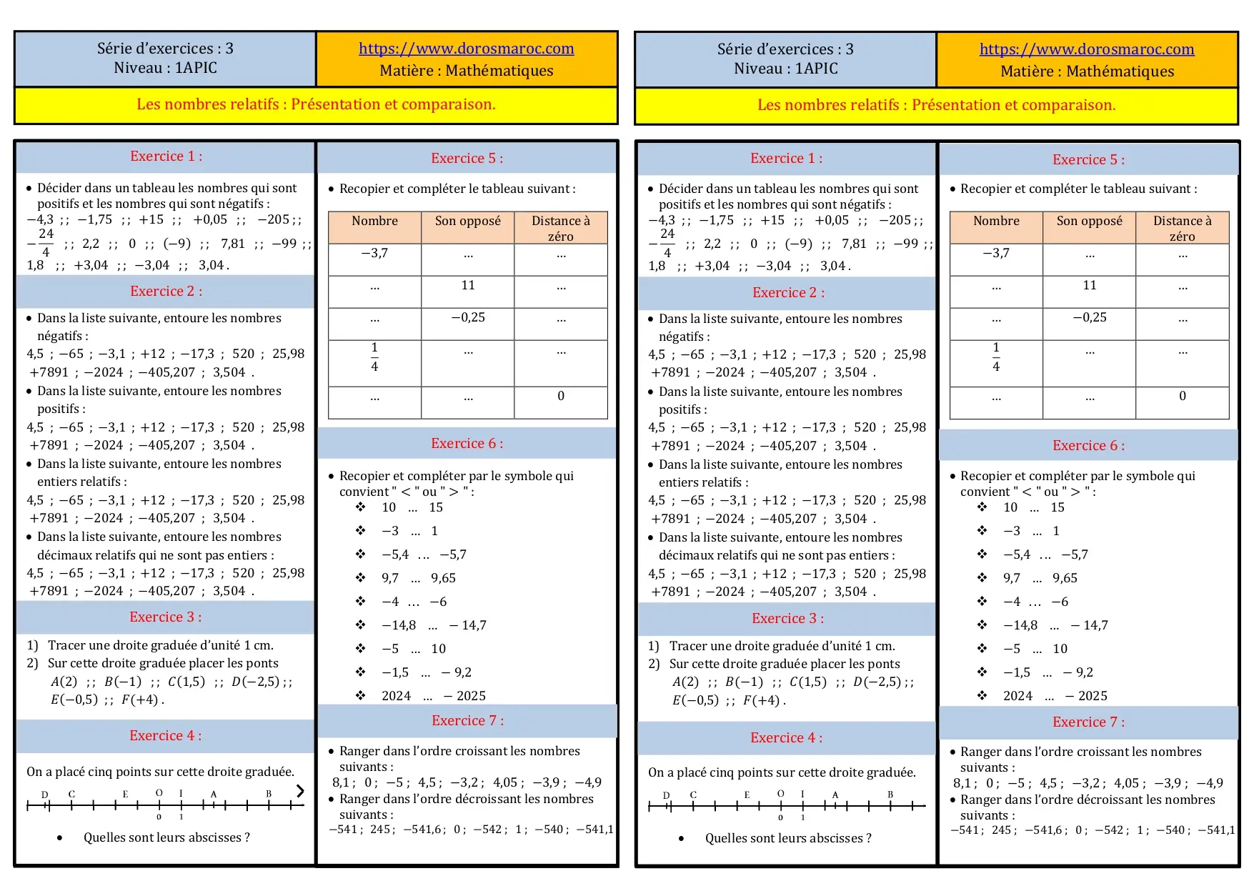 Série des exercices Les nombres relatifs Présentation et comparaison-1APIC Série d’exercices corrigés sur les nombres décimaux relatifs – Mathématiques 1APIC en français.