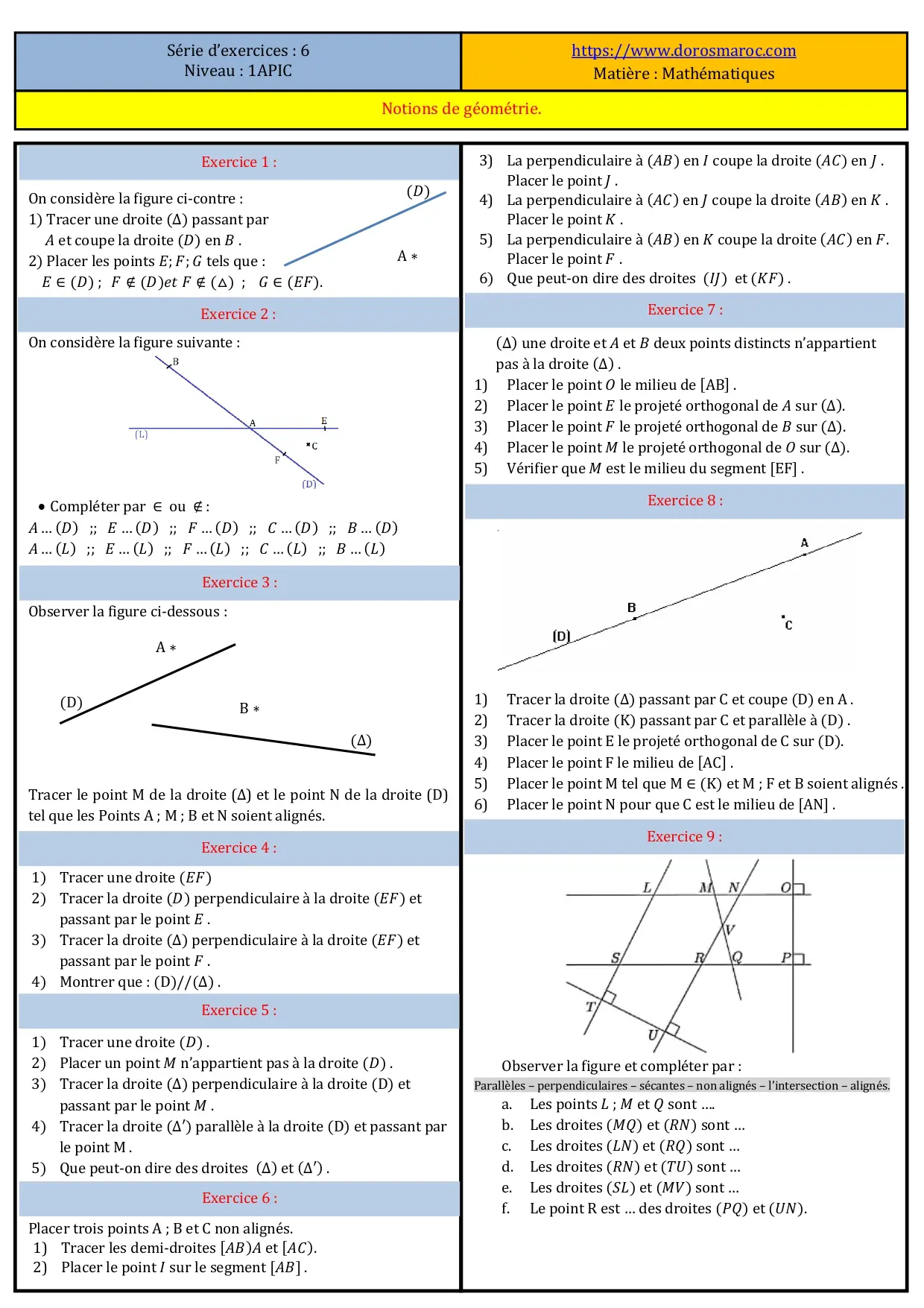 série des exercices avec correction-Notions de géométrie-1APIC série des exercices-Notions de géométrie-avec correction –mathématiques 1APIC en français.