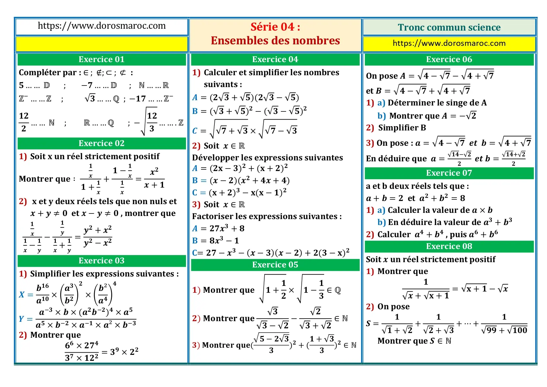 Série d’exercices corrigés – Ensembles des nombres – TCS Série d’exercices corrigés sur les ensembles des nombres ℕ, ℤ, 𝔻, ℚ et ℝ – TCS