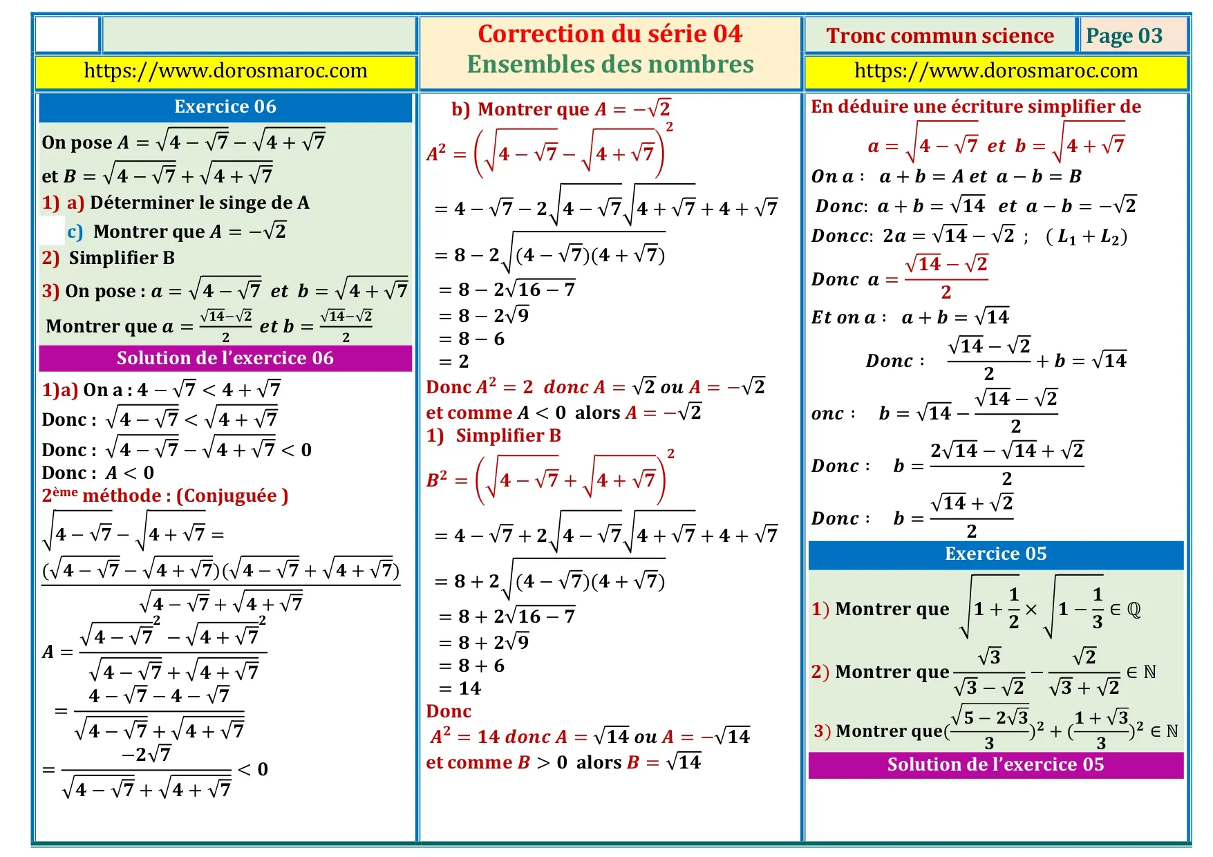 Série d’exercices corrigés sur les ensembles des nombres ℕ, ℤ, 𝔻, ℚ et ℝ – TCS