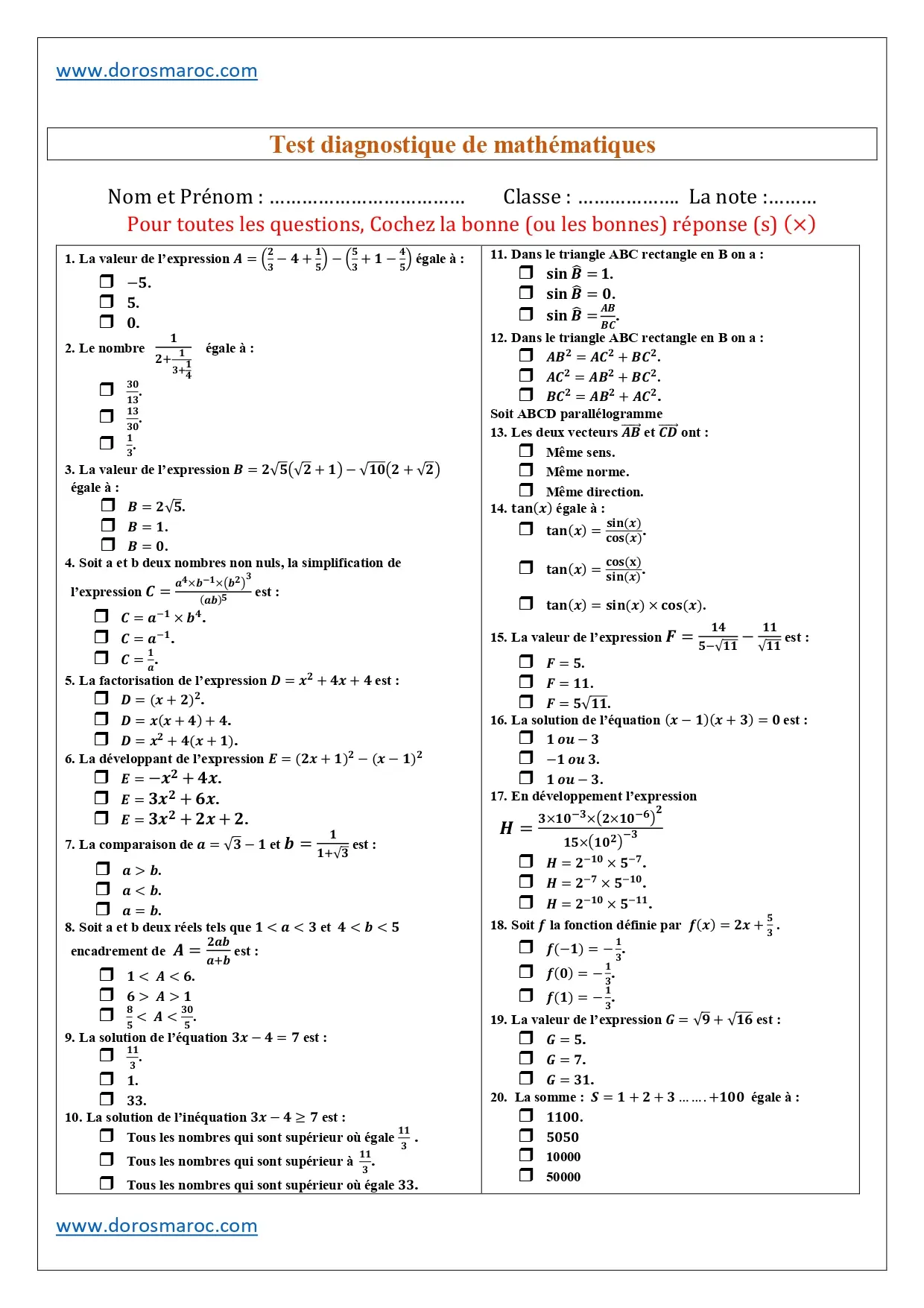 Test diagnostique mathématique – TCS test diagnostique mathématiques TCS