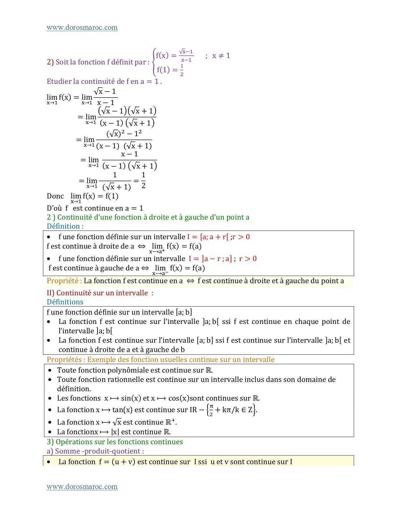 Cours de continuité d’une fonction avec exercices corrigés - 2ème Bac