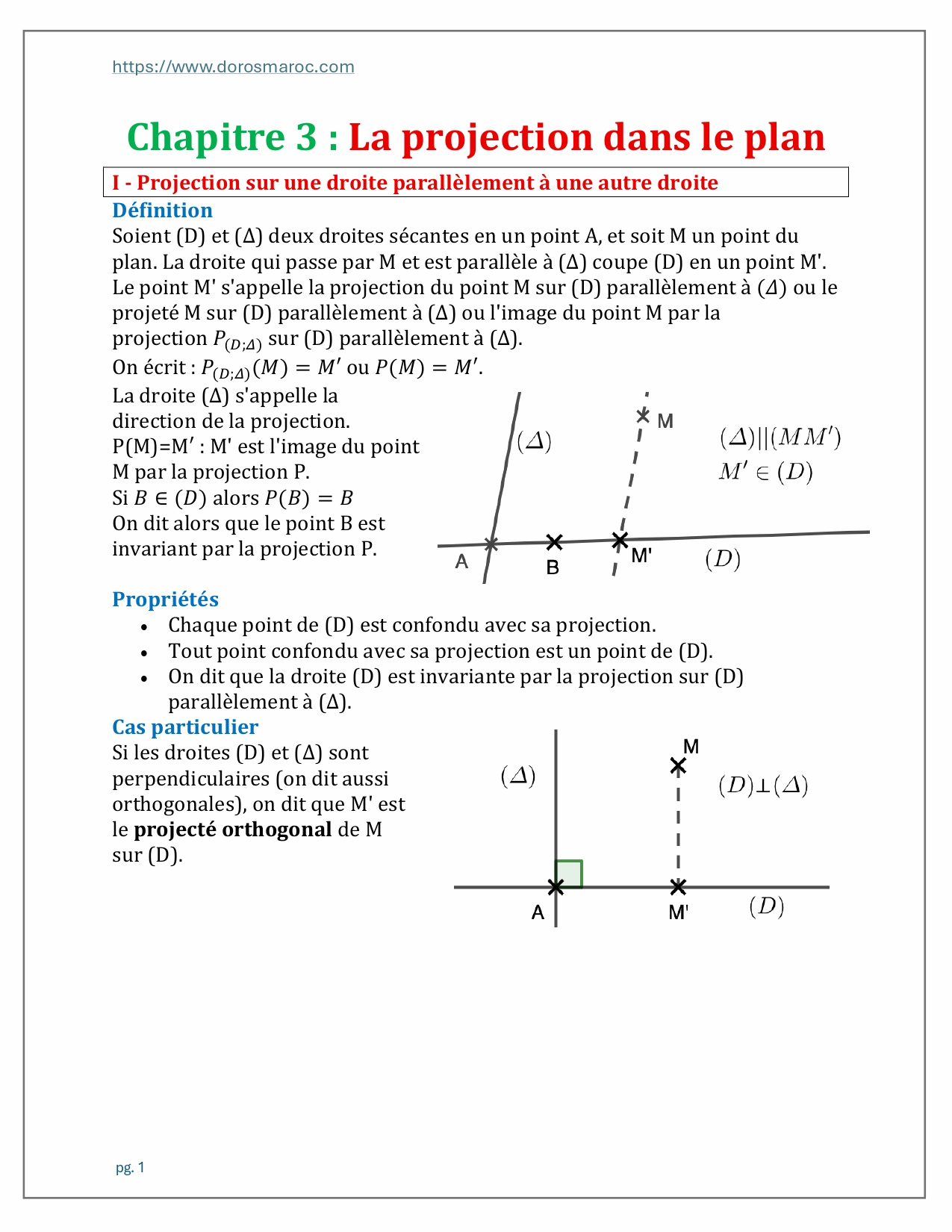 La projection dans le plan – TCS Cours de Projection dans le plan en Mathématiques pour le Tronc Commun Sciences (Option Français), couvrant la projection orthogonale, la projection sur un axe, le théorème de Thalès, sa réciproque et la conservation du coefficient de colinéarité de deux vecteurs.