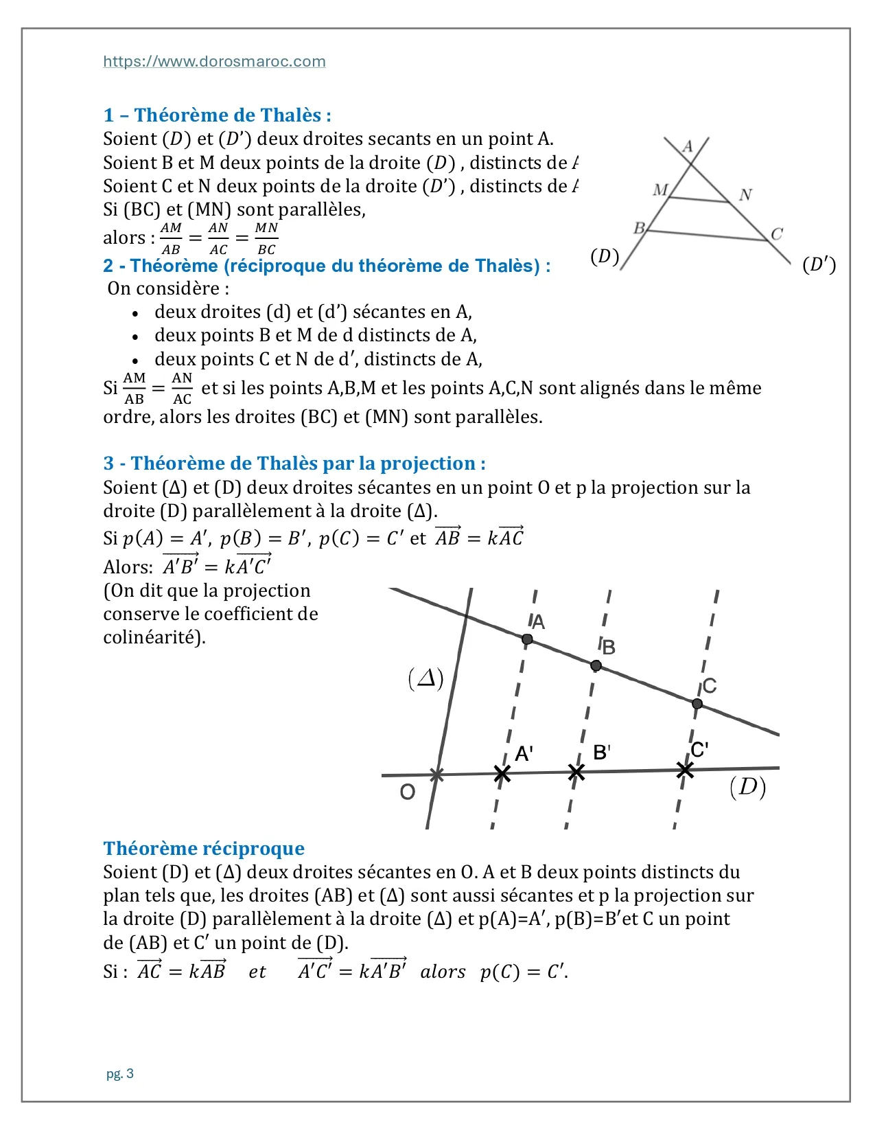 Cours de Projection dans le plan en Mathématiques pour le Tronc Commun Sciences (Option Français), couvrant la projection orthogonale, la projection sur un axe, le théorème de Thalès, sa réciproque et la conservation du coefficient de colinéarité de deux vecteurs.