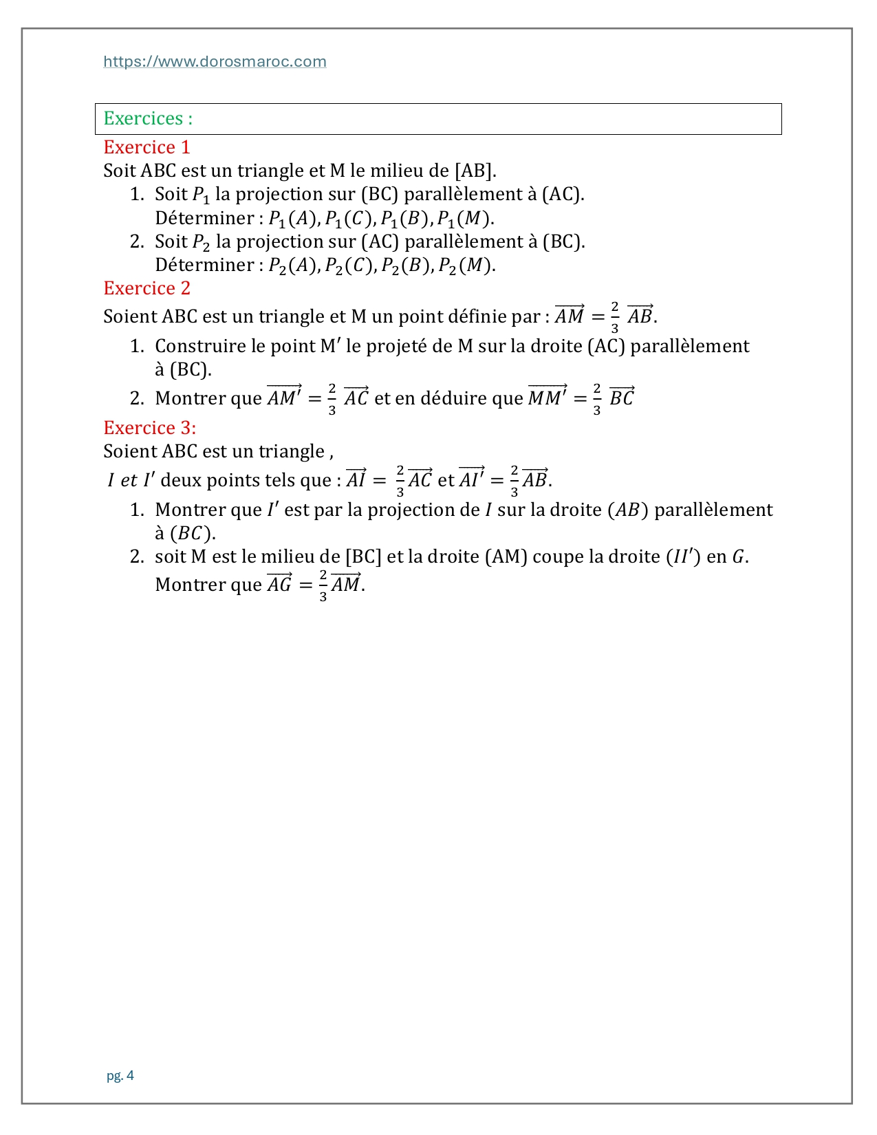 Cours de Projection dans le plan en Mathématiques pour le Tronc Commun Sciences (Option Français), couvrant la projection orthogonale, la projection sur un axe, le théorème de Thalès, sa réciproque et la conservation du coefficient de colinéarité de deux vecteurs.