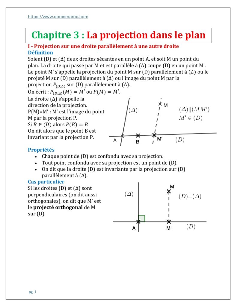 Projection sur une droite, projection orthogonale, projection sur un axe, théorème de Thalès et réciproque du théorème de Thalès – Mathématiques, Tronc Commun Sciences (Option Français).