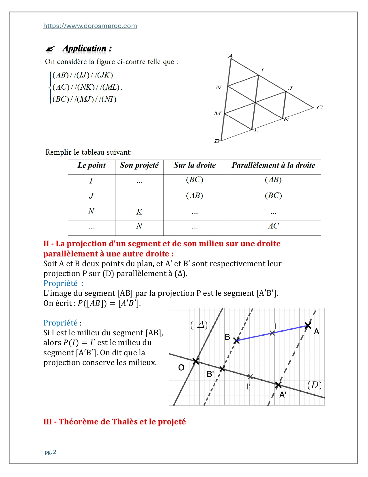 Projection sur une droite, projection orthogonale, projection sur un axe, théorème de Thalès et réciproque du théorème de Thalès – Mathématiques, Tronc Commun Sciences (Option Français).