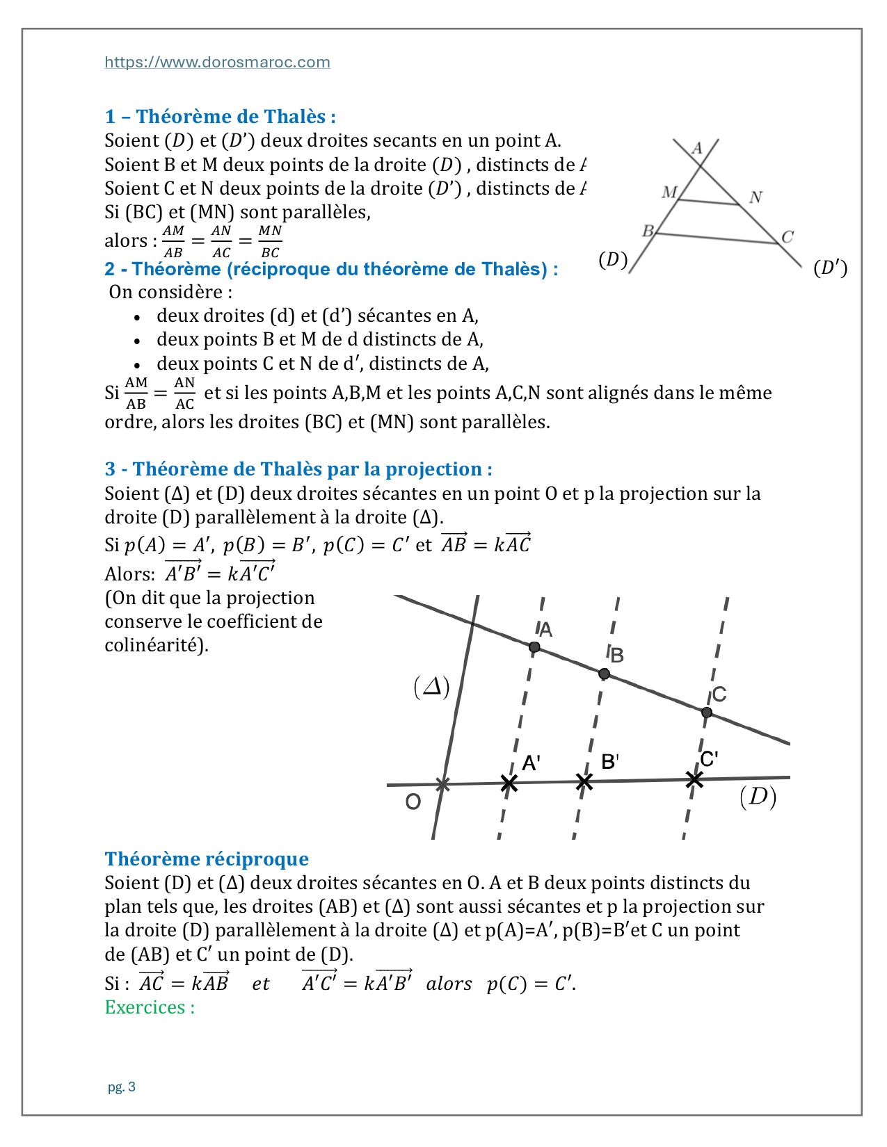 Projection sur une droite, projection orthogonale, projection sur un axe, théorème de Thalès et réciproque du théorème de Thalès – Mathématiques, Tronc Commun Sciences (Option Français).