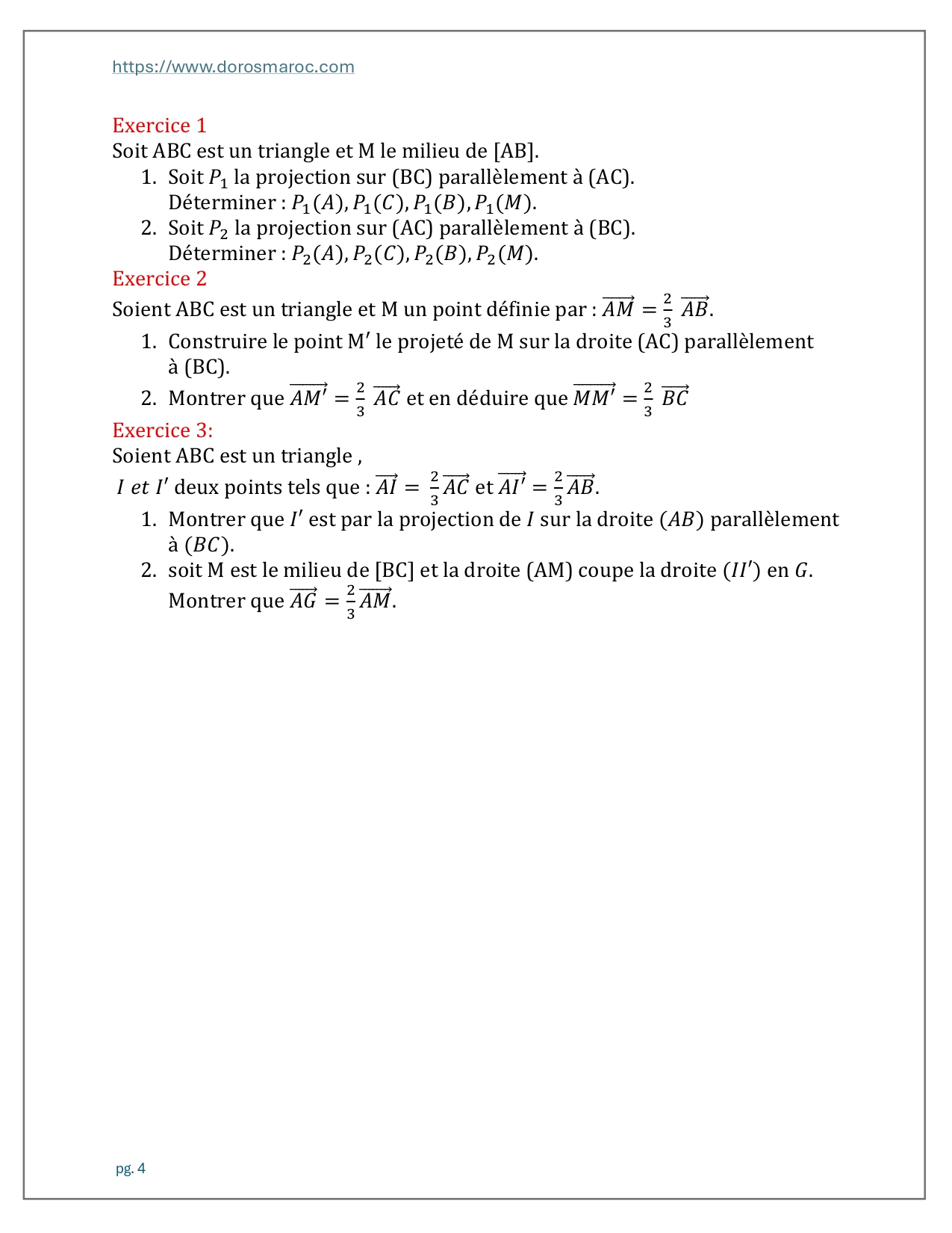 Projection sur une droite, projection orthogonale, projection sur un axe, théorème de Thalès et réciproque du théorème de Thalès – Mathématiques, Tronc Commun Sciences (Option Français).