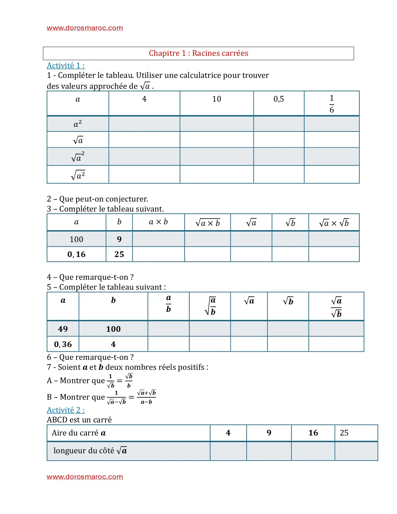 Racines carrées 3APIC Racine carrée 3e année collège – Mathématiques